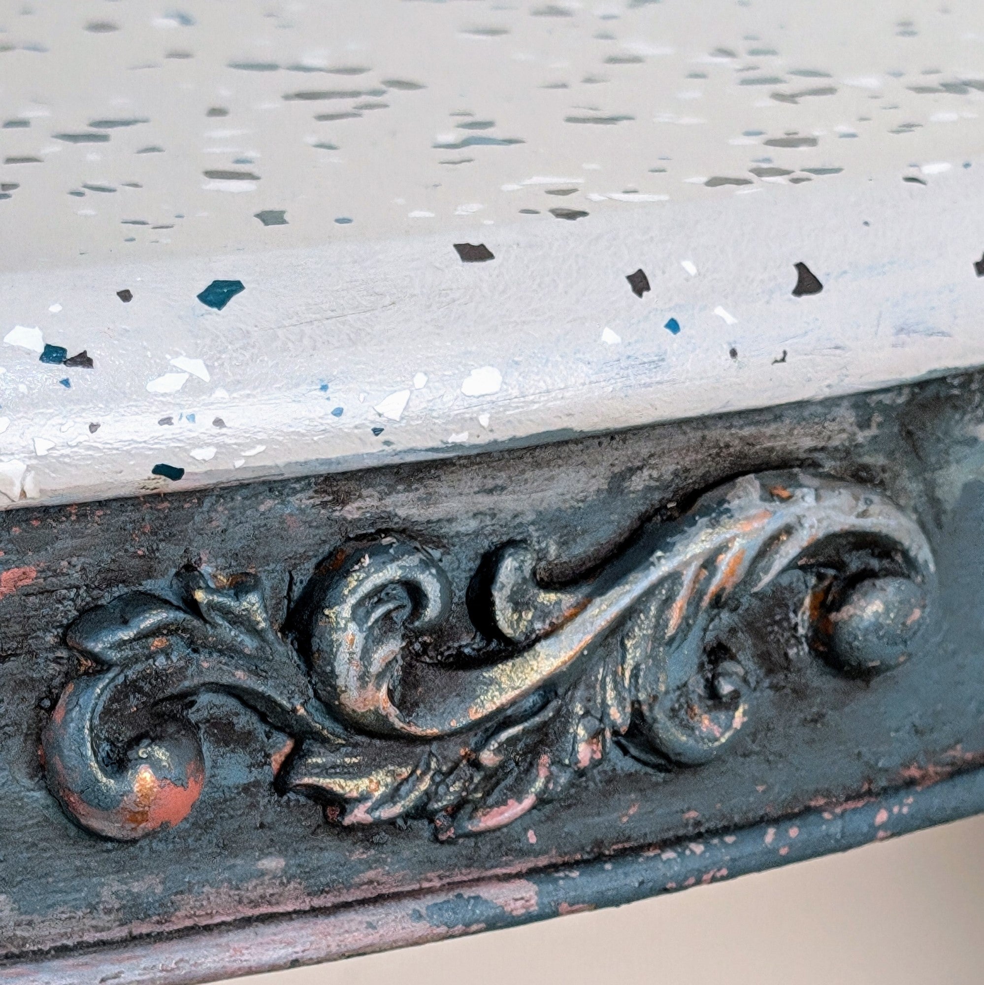 Rustic demi-lune console table, faux terrazzo top