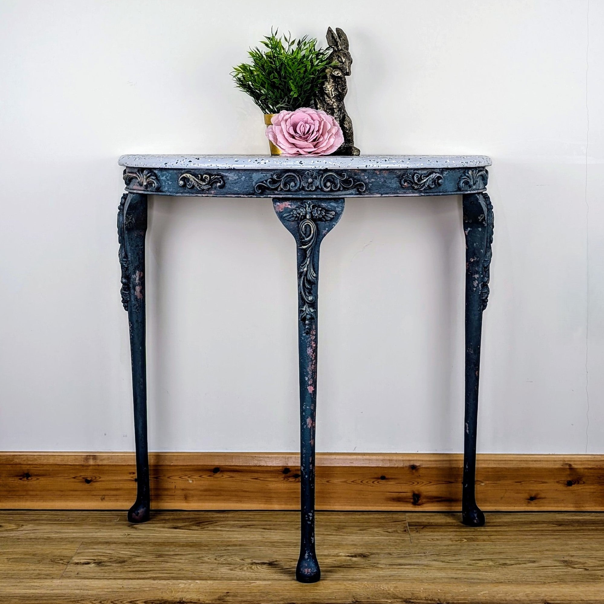 Rustic demi-lune console table, faux terrazzo top