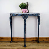 Rustic demi-lune console table, faux terrazzo top