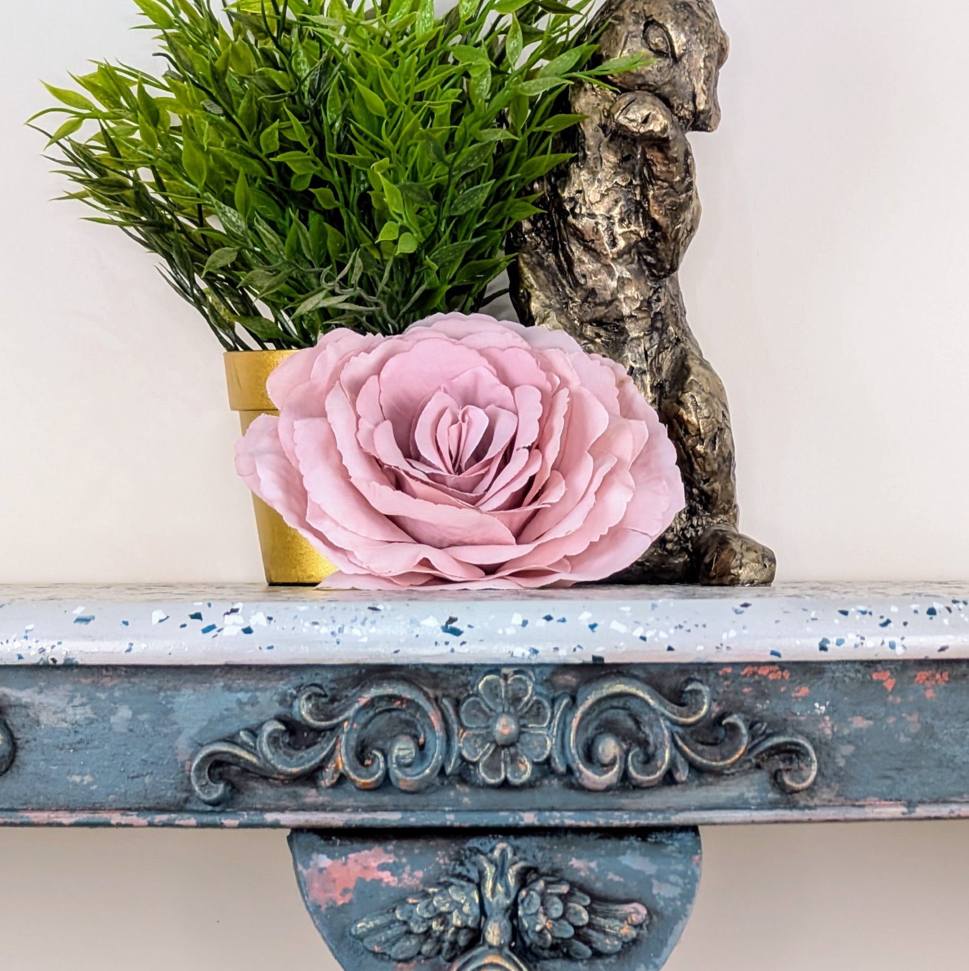 Rustic demi-lune console table, faux terrazzo top