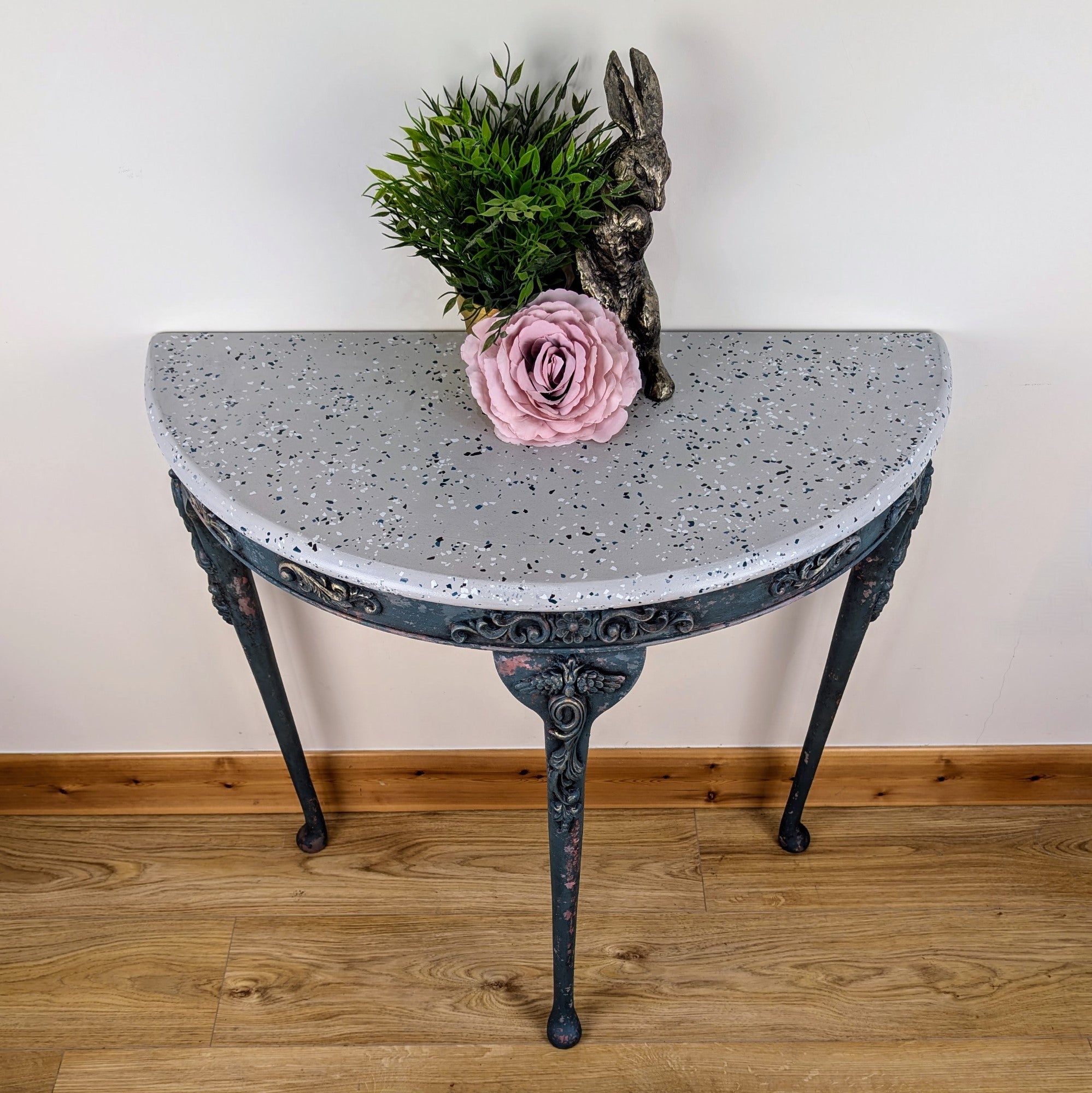 Rustic demi-lune console table, faux terrazzo top