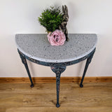 Rustic demi-lune console table, faux terrazzo top