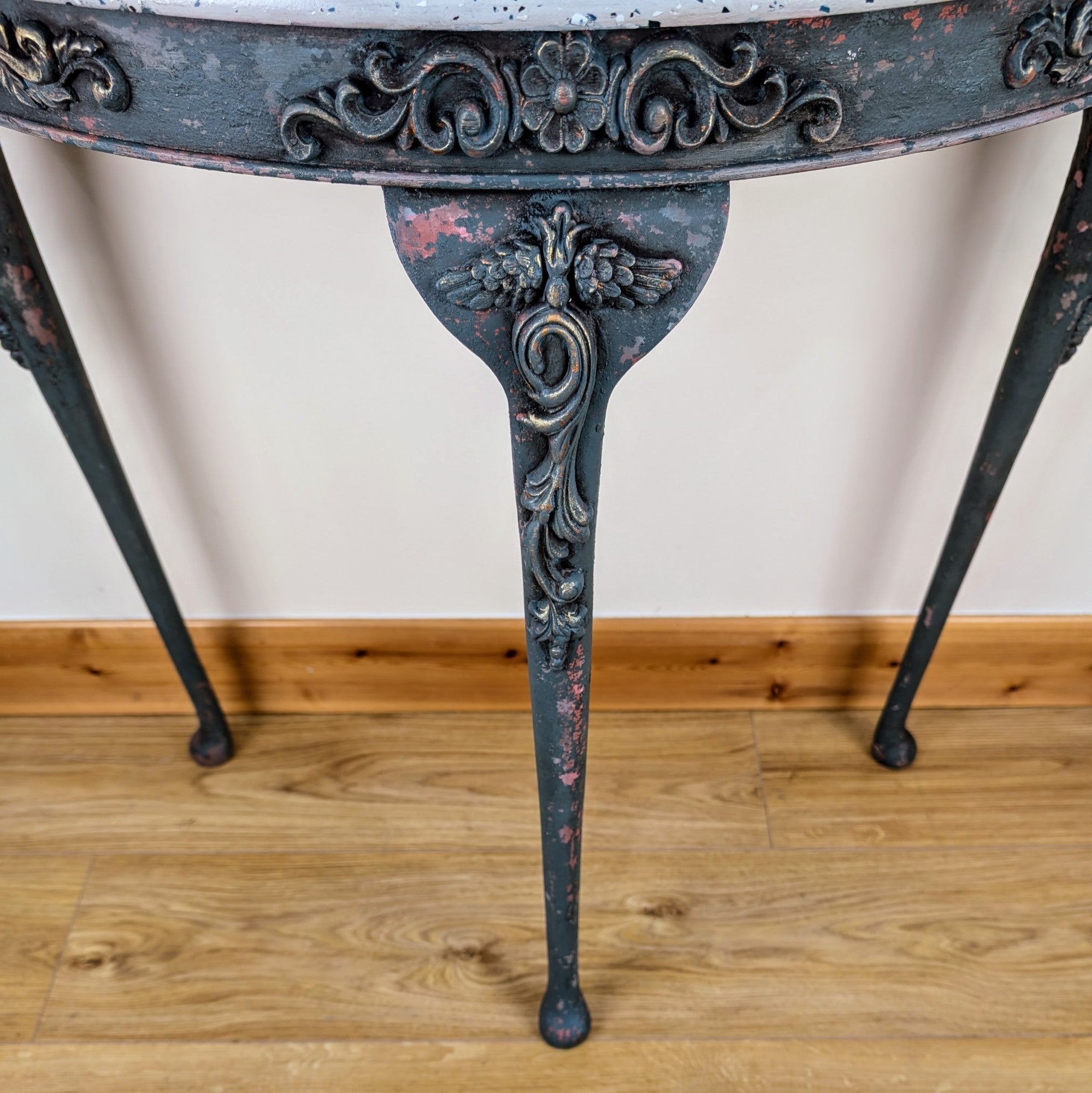 Rustic demi-lune console table, faux terrazzo top