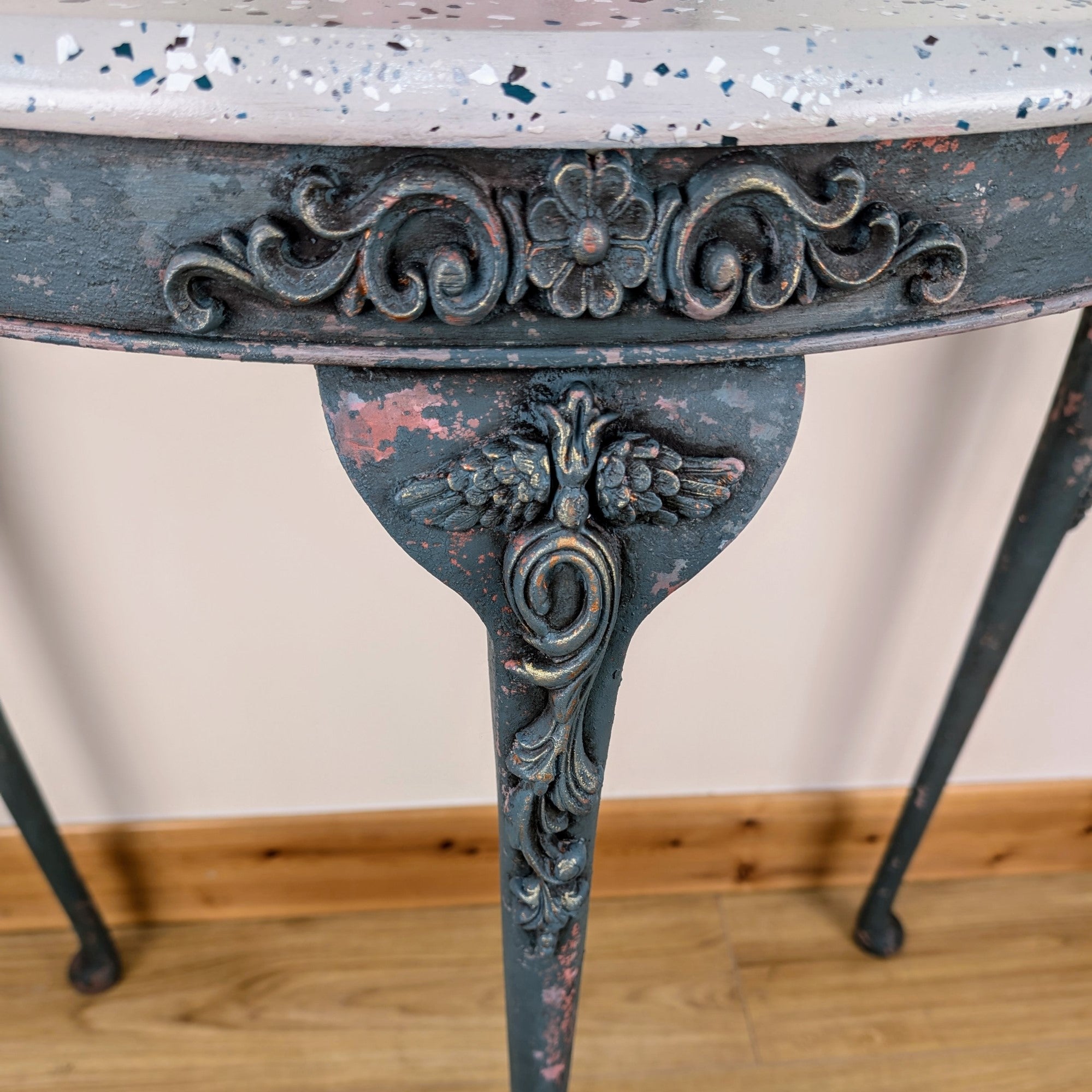 Rustic demi-lune console table, faux terrazzo top