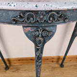 Rustic demi-lune console table, faux terrazzo top