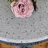 Rustic demi-lune console table, faux terrazzo top