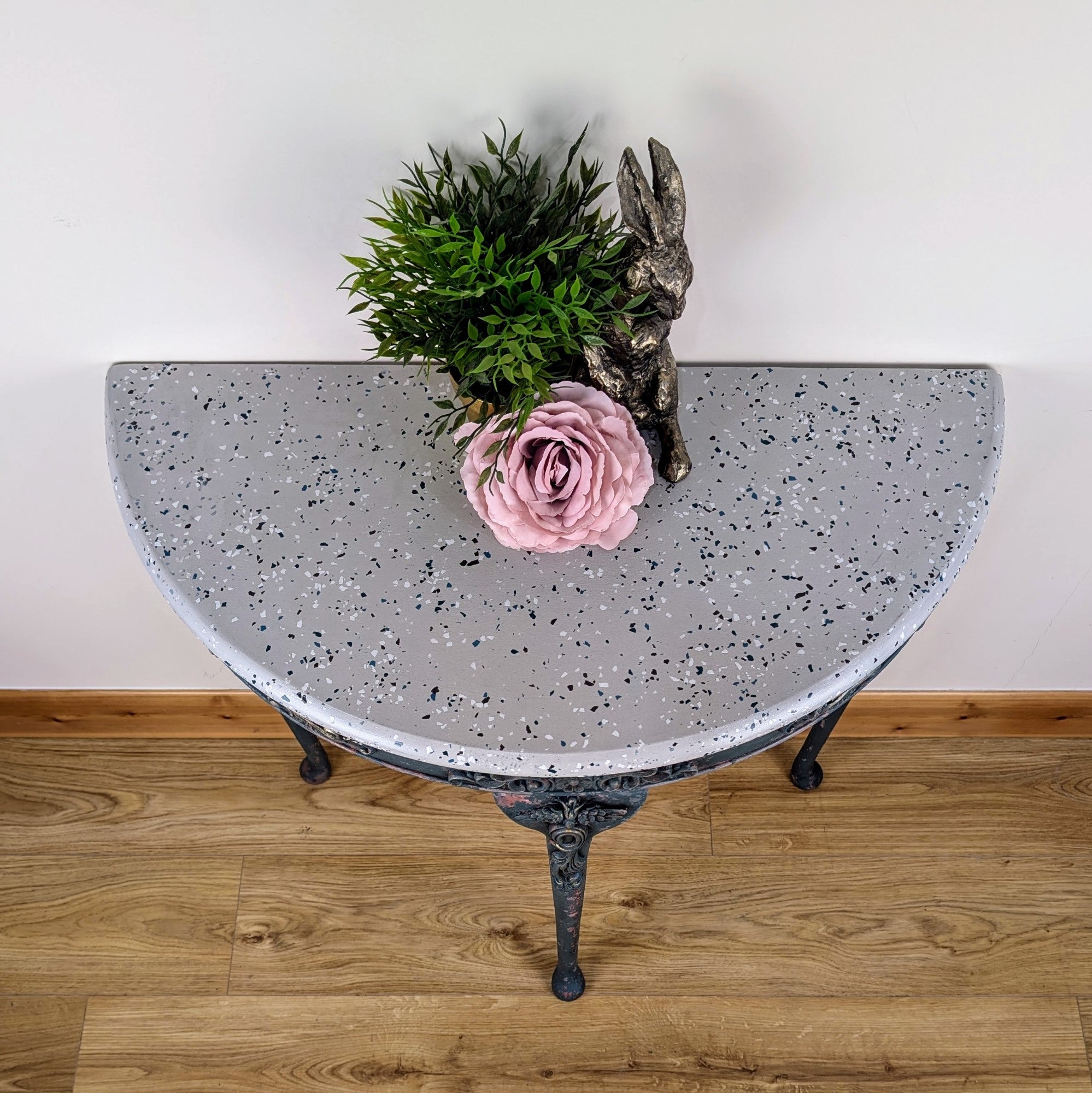 Rustic demi-lune console table, faux terrazzo top