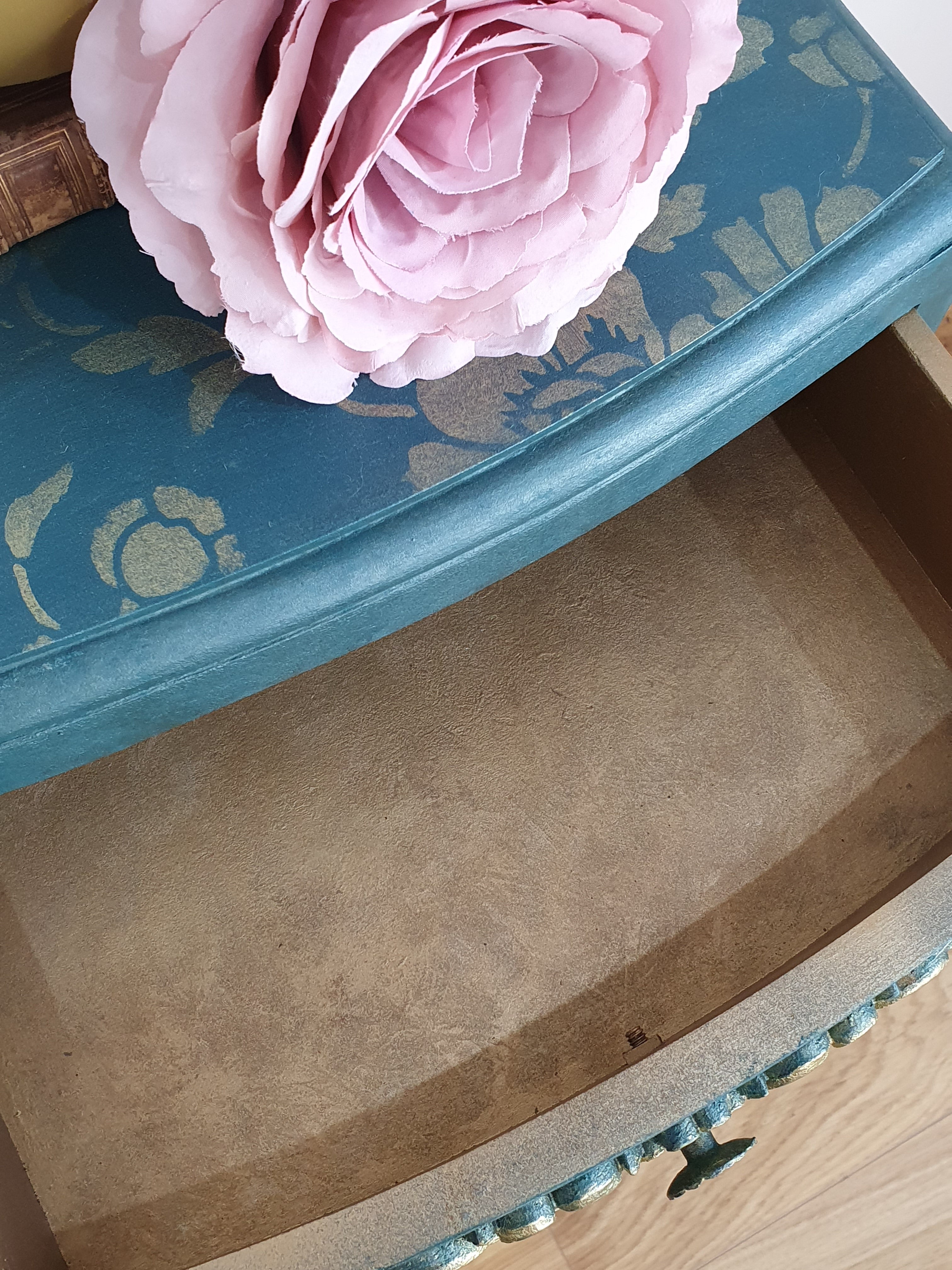 Green bedside cabinet with walnut door