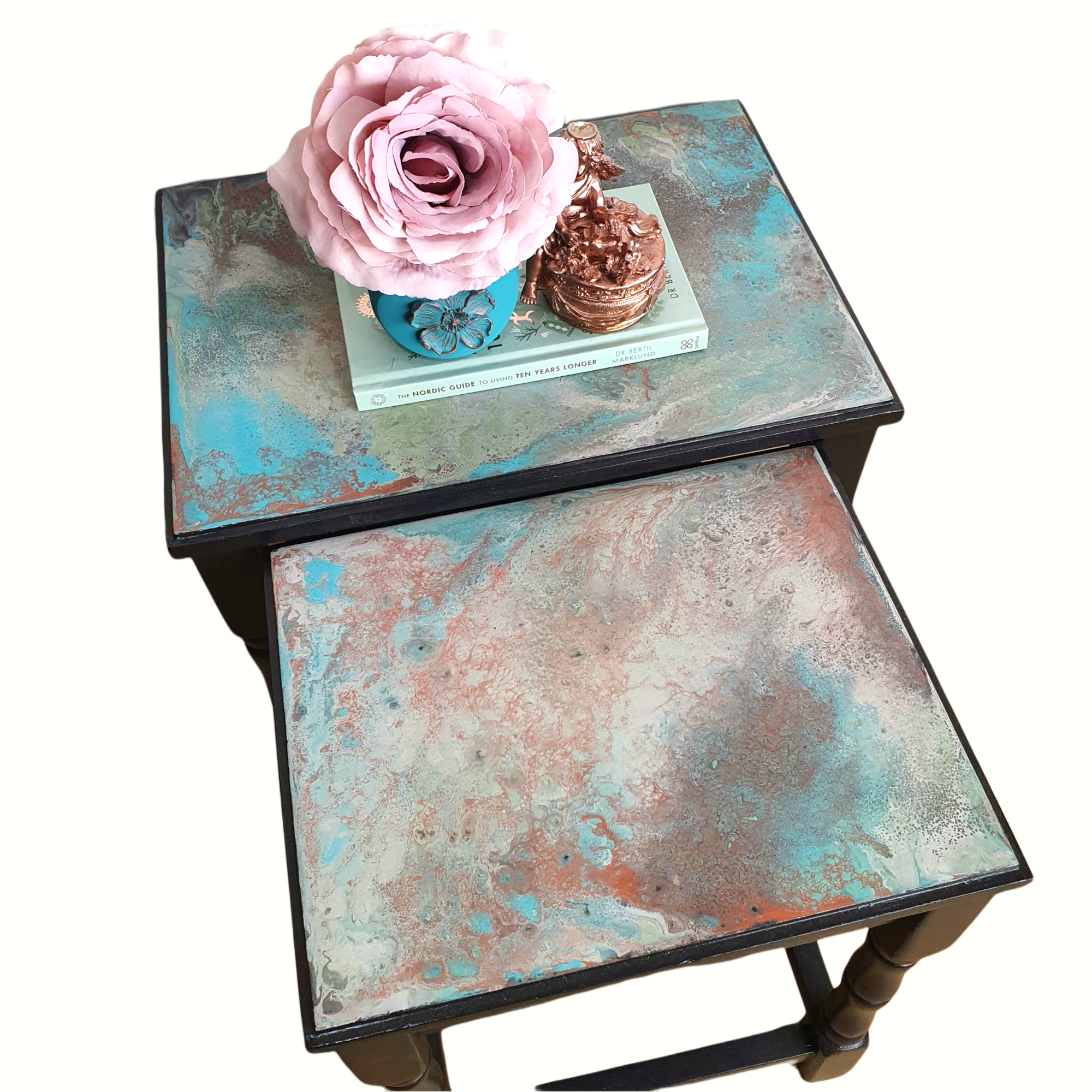 Nested pair of painted coffee tables with marbled tops