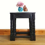 Nested pair of painted coffee tables with marbled tops