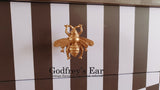 Pink Avalon chest of five drawers, with stripes and copper stencilling